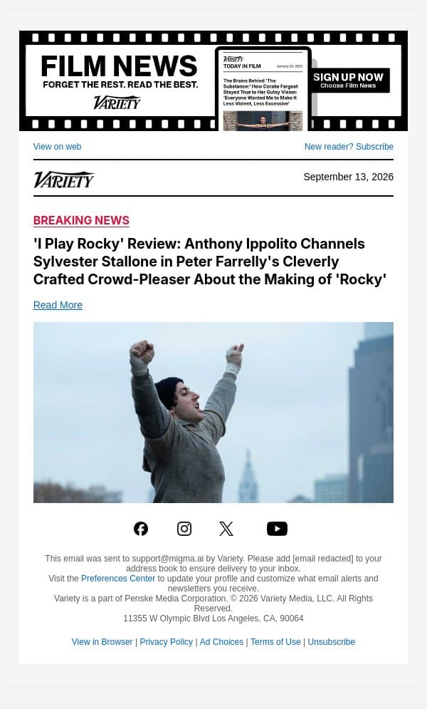 'I Play Rocky' Review: Anthony Ippolito Channels Sylvester Stallone in Peter Farrelly's Cleverly Crafted Crowd-Pleaser About the Making of 'Rocky' email from Variety screenshot