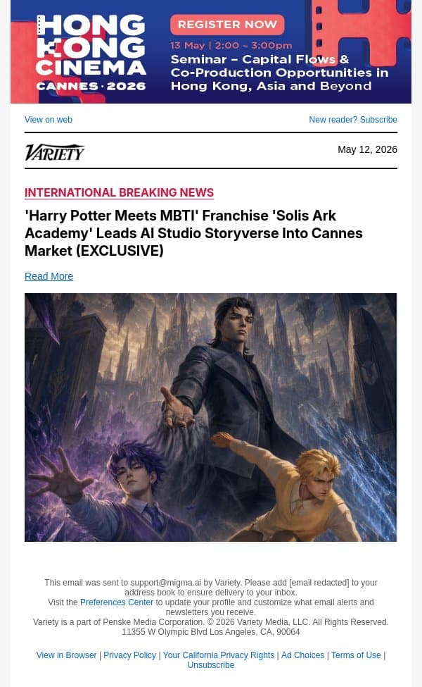 'Harry Potter Meets MBTI' Franchise 'Solis Ark Academy' Leads AI Studio Storyverse Into Cannes Market (EXCLUSIVE) email from Variety screenshot