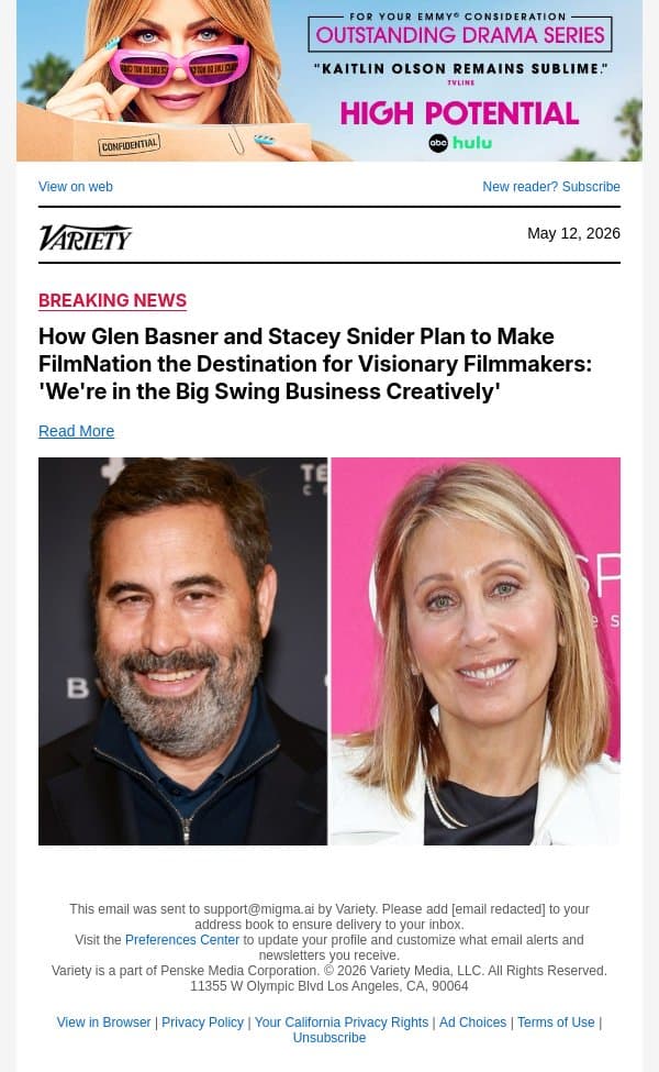 How Glen Basner and Stacey Snider Plan to Make FilmNation the Destination for Visionary Filmmakers: 'We're in the Big Swing Business Creatively' email from Variety screenshot