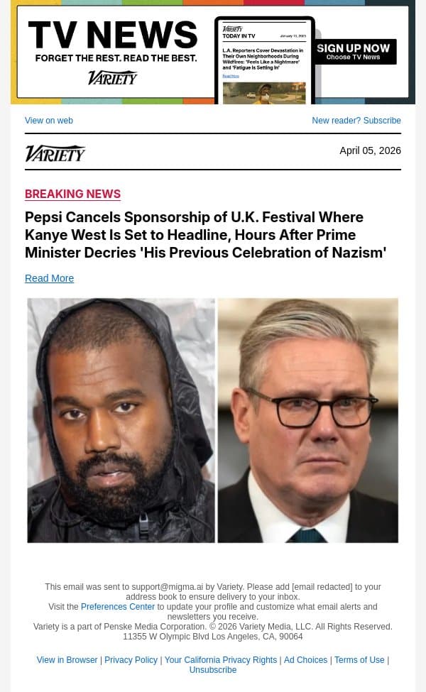 Pepsi Cancels Sponsorship of U.K. Festival Where Kanye West Is Set to Headline, Hours After Prime Minister Decries 'His Previous Celebration of Nazism' email from Variety screenshot
