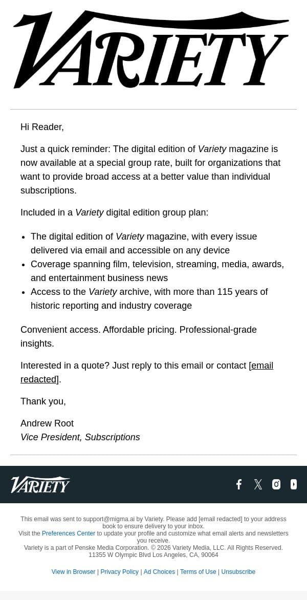 A smarter way to equip your organization with Variety’s coverage. email from Variety screenshot