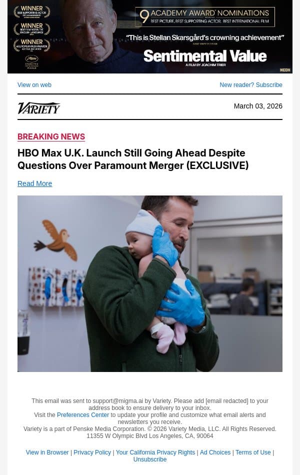 HBO Max U.K. Launch Still Going Ahead Despite Questions Over Paramount Merger (EXCLUSIVE) email from Variety screenshot