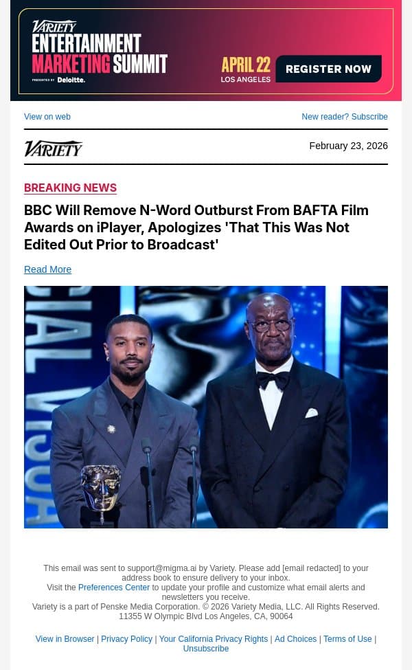 BBC Will Remove N-Word Outburst From BAFTA Film Awards on iPlayer, Apologizes 'That This Was Not Edited Out Prior to Broadcast' email from Variety screenshot