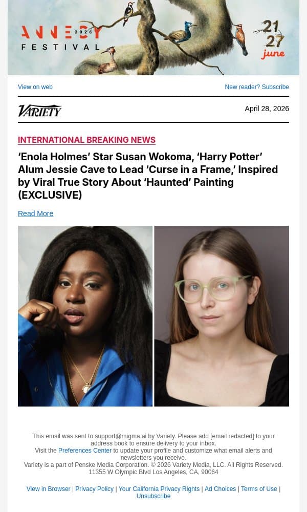 ‘Enola Holmes’ Star Susan Wokoma, ‘Harry Potter’ Alum Jessie Cave to Lead ‘Curse in a Frame,’ Inspired by Viral True Story About ‘Haunted’ Painting (EXCLUSIVE) email from Variety screenshot