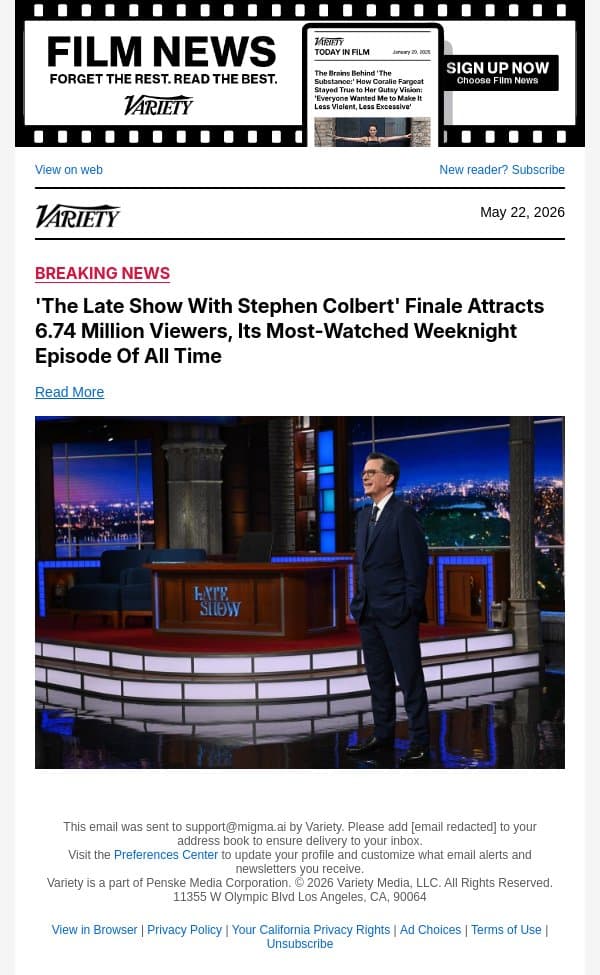 'The Late Show With Stephen Colbert' Finale Attracts 6.74 Million Viewers, Its Most-Watched Weeknight Episode Of All Time email from Variety screenshot