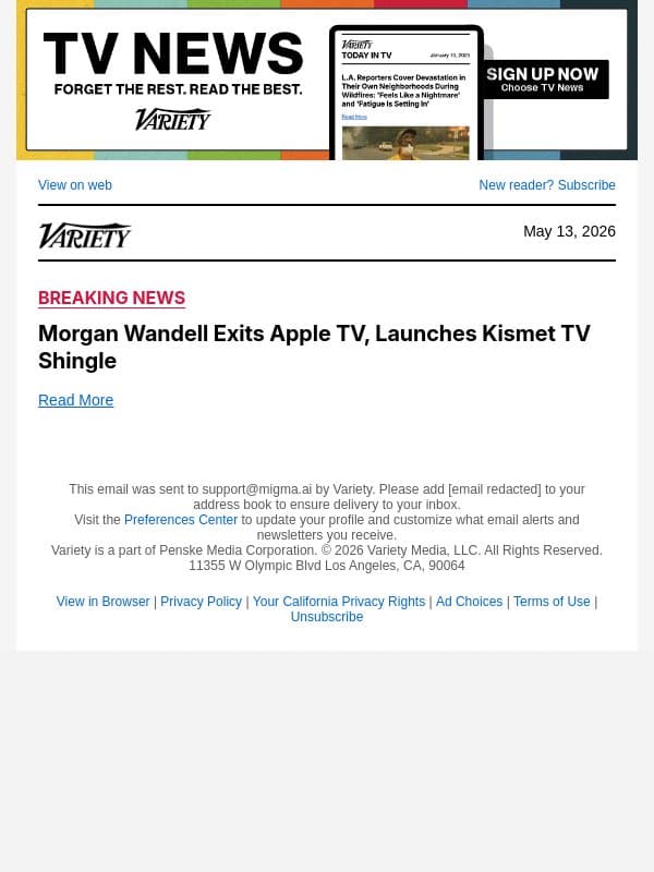 Morgan Wandell Exits Apple TV, Launches Kismet TV Shingle email from Variety screenshot