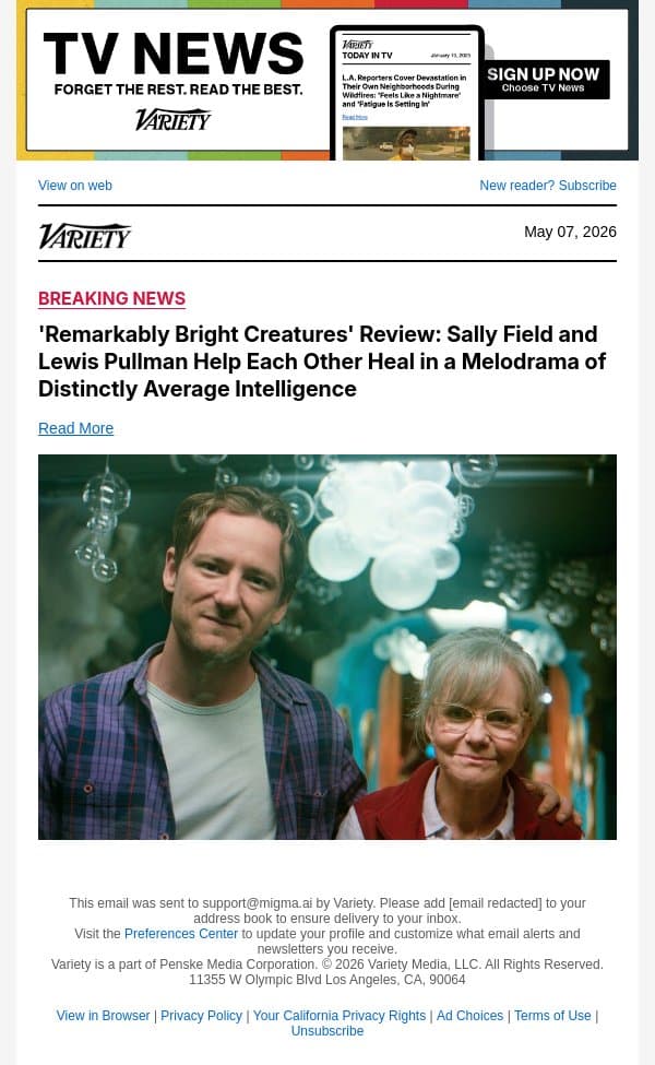 'Remarkably Bright Creatures' Review: Sally Field and Lewis Pullman Help Each Other Heal in a Melodrama of Distinctly Average Intelligence email from Variety screenshot