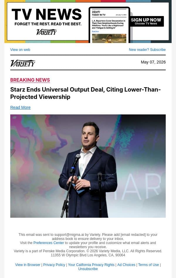 Starz Ends Universal Output Deal, Citing Lower-Than-Projected Viewership email from Variety screenshot