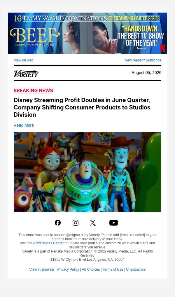 Disney Streaming Profit Doubles in June Quarter, Company Shifting Consumer Products to Studios Division email from Variety screenshot