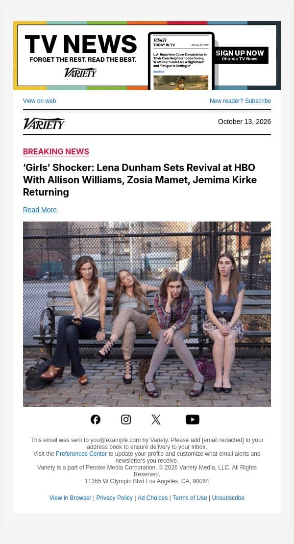 ‘Girls’ Shocker: Lena Dunham Sets Revival at HBO With Allison Williams, Zosia Mamet, Jemima Kirke Returning email from Variety screenshot