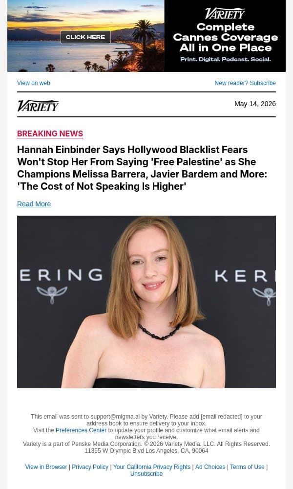 Hannah Einbinder Says Hollywood Blacklist Fears Won't Stop Her From Saying 'Free Palestine' as She Champions Melissa Barrera, Javier Bardem and More: 'The Cost of Not Speaking Is Higher' email from Variety screenshot