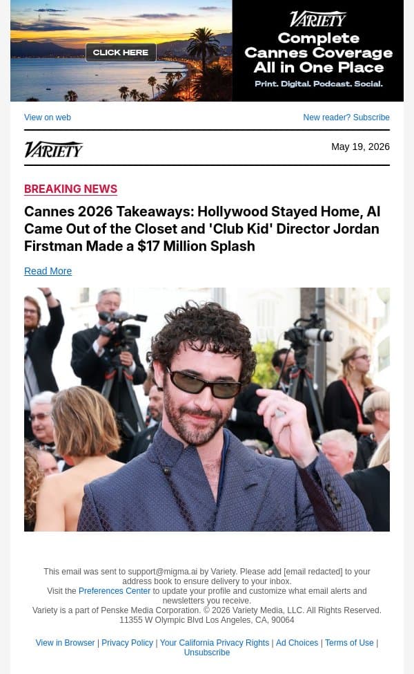 Cannes 2026 Takeaways: Hollywood Stayed Home, AI Came Out of the Closet and 'Club Kid' Director Jordan Firstman Made a $17 Million Splash email from Variety screenshot