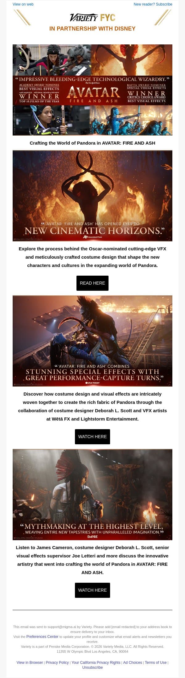 AVATAR: FIRE AND ASH | Discover the Groundbreaking Artistry of the Oscar-Nominated Visual Effects & Costume Design email from Variety screenshot