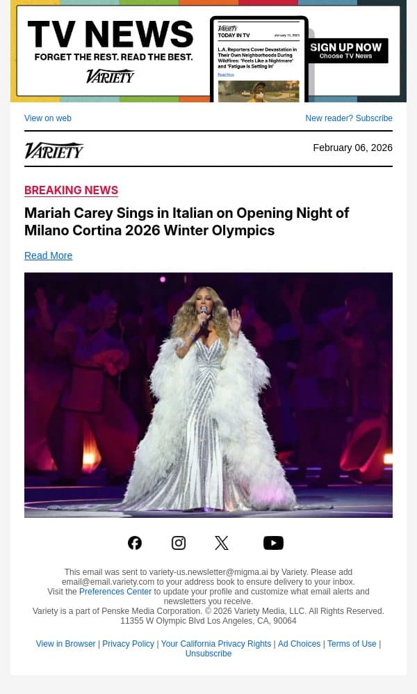 Mariah Carey Sings in Italian on Opening Night of Milano Cortina 2026 Winter Olympics email from Variety screenshot