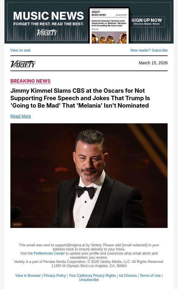 Jimmy Kimmel Slams CBS at the Oscars for Not Supporting Free Speech and Jokes That Trump Is 'Going to Be Mad' That 'Melania' Isn't Nominated email from Variety screenshot