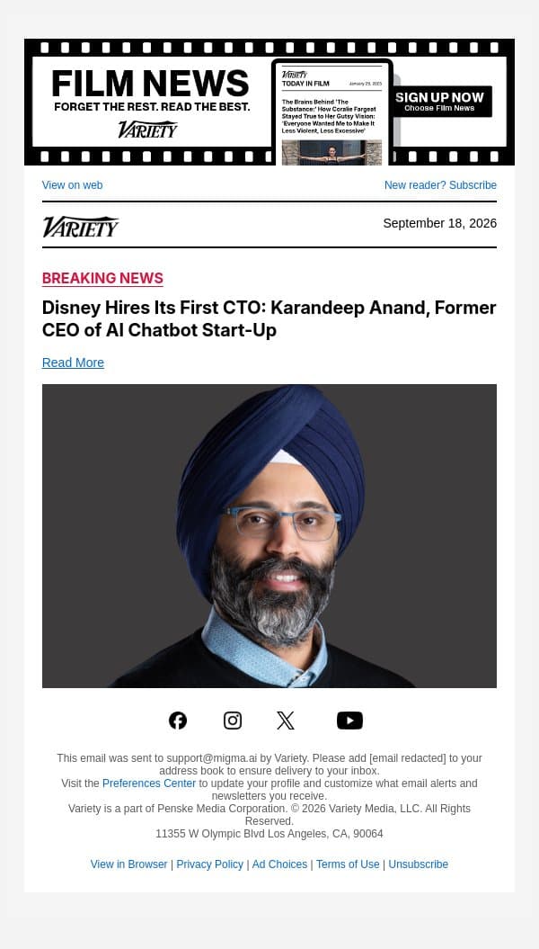 Disney Hires Its First CTO: Karandeep Anand, Former CEO of AI Chatbot Start-Up email from Variety screenshot