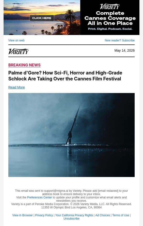 Palme d'Gore? How Sci-Fi, Horror and High-Grade Schlock Are Taking Over the Cannes Film Festival email from Variety screenshot