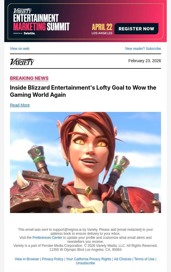 Inside Blizzard Entertainment's Lofty Goal to Wow the Gaming World Again email from Variety screenshot