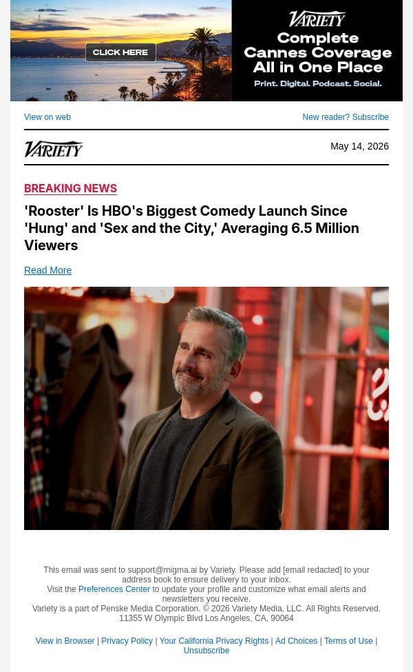 'Rooster' Is HBO's Biggest Comedy Launch Since 'Hung' and 'Sex and the City,' Averaging 6.5 Million Viewers email from Variety screenshot