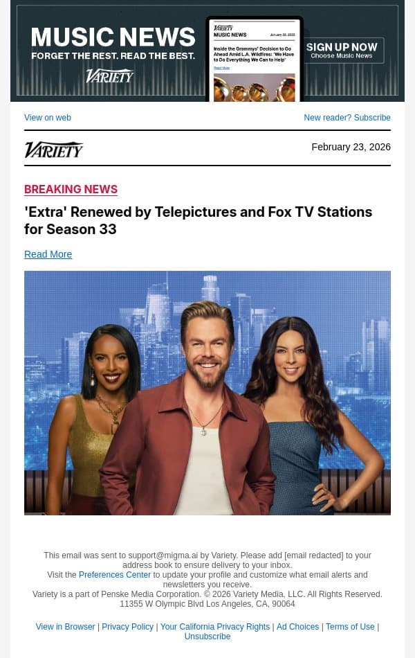 'Extra' Renewed by Telepictures and Fox TV Stations for Season 33 email from Variety screenshot