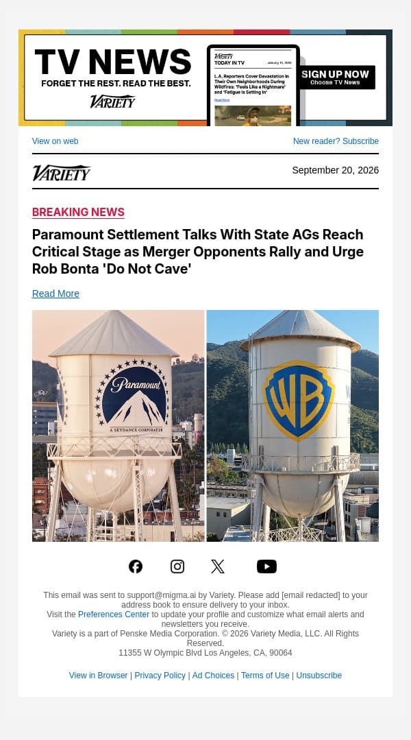 Paramount Settlement Talks With State AGs Reach Critical Stage as Merger Opponents Rally and Urge Rob Bonta 'Do Not Cave' email from Variety screenshot