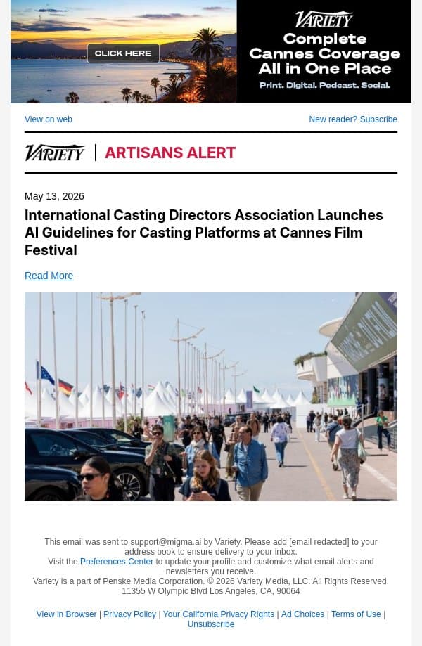 International Casting Directors Association Launches AI Guidelines for Casting Platforms at Cannes Film Festival email from Variety screenshot