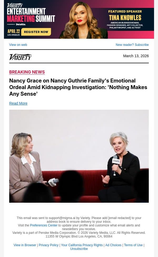 Nancy Grace on Nancy Guthrie Family's Emotional Ordeal Amid Kidnapping Investigation: 'Nothing Makes Any Sense' email from Variety screenshot