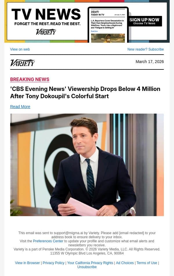 'CBS Evening News' Viewership Drops Below 4 Million After Tony Dokoupil's Colorful Start email from Variety screenshot