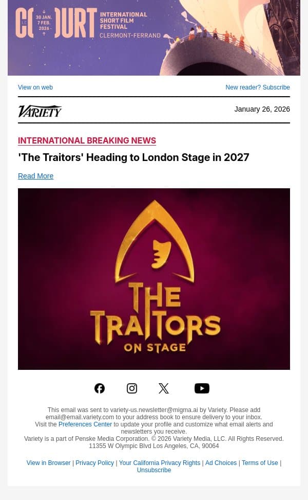 'The Traitors' Heading to London Stage in 2027 email from Variety screenshot