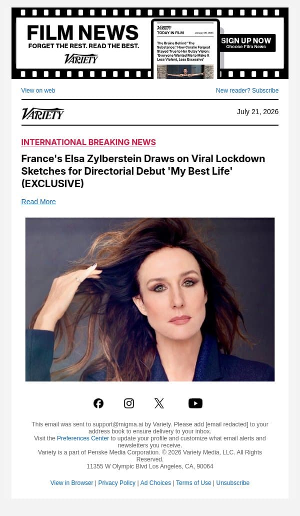 France's Elsa Zylberstein Draws on Viral Lockdown Sketches for Directorial Debut 'My Best Life' (EXCLUSIVE) email from Variety screenshot