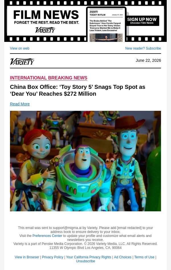 China Box Office: ‘Toy Story 5’ Snags Top Spot as ‘Dear You’ Reaches $272 Million email from Variety screenshot
