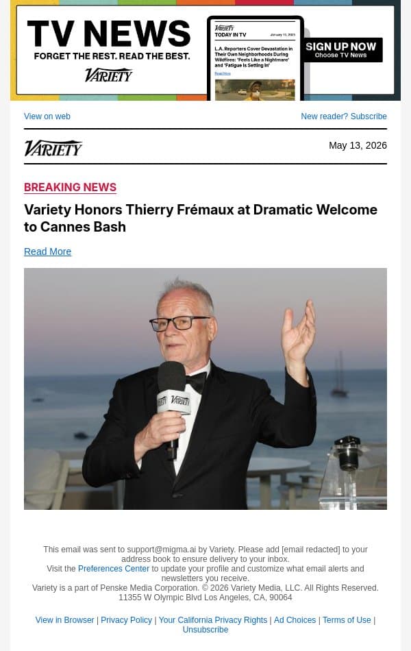 Variety Honors Thierry Frémaux at Dramatic Welcome to Cannes Bash email from Variety screenshot