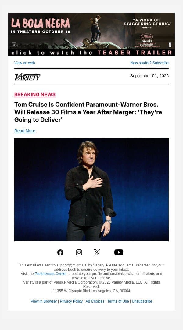 Tom Cruise Is Confident Paramount-Warner Bros. Will Release 30 Films a Year After Merger: 'They're Going to Deliver' email from Variety screenshot