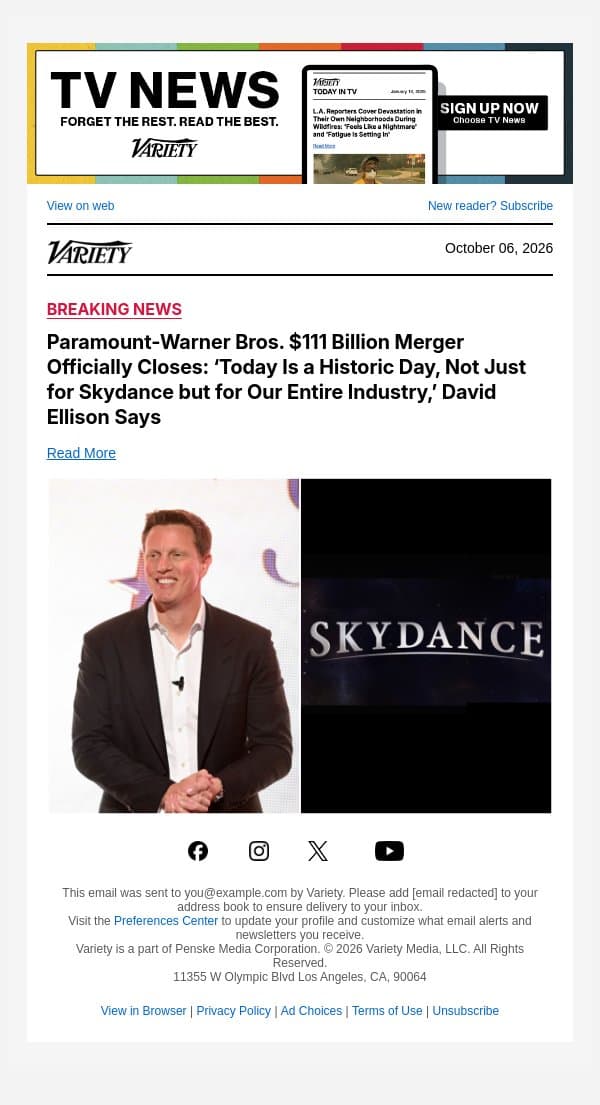 Paramount-Warner Bros. $111 Billion Merger Officially Closes: ‘Today Is a Historic Day, Not Just for Skydance but for Our Entire Industry,’ David Ellison Says email from Variety screenshot