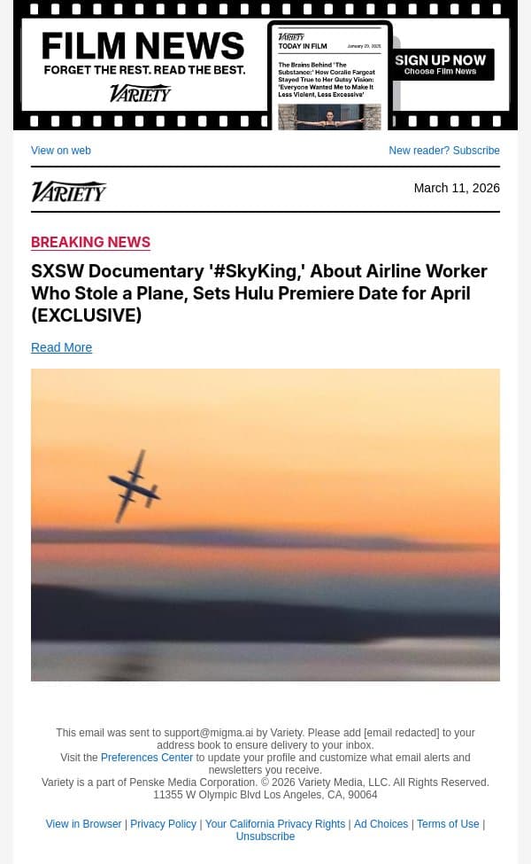 SXSW Documentary '#SkyKing,' About Airline Worker Who Stole a Plane, Sets Hulu Premiere Date for April (EXCLUSIVE) email from Variety screenshot