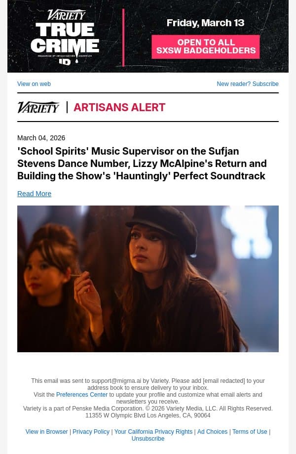 'School Spirits' Music Supervisor on the Sufjan Stevens Dance Number, Lizzy McAlpine's Return and Building the Show's 'Hauntingly' Perfect Soundtrack email from Variety screenshot