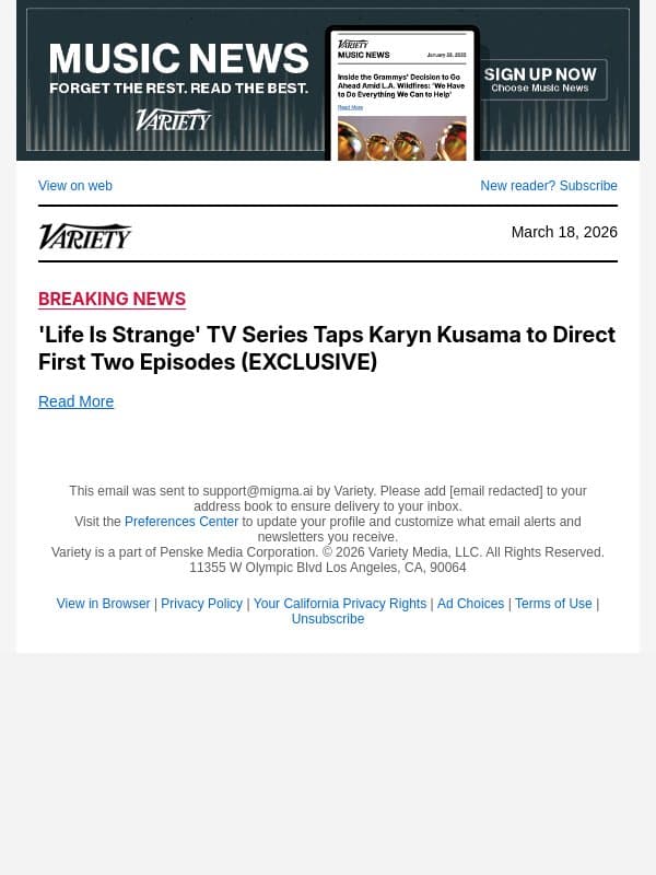 'Life Is Strange' TV Series Taps Karyn Kusama to Direct First Two Episodes (EXCLUSIVE) email from Variety screenshot