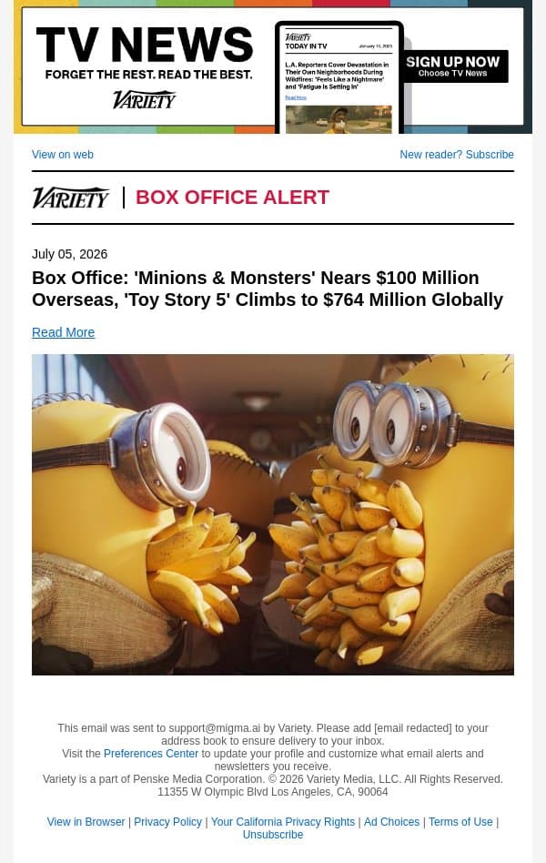 Box Office: 'Minions and Monsters' Nears $100 Million Overseas, 'Toy Story 5' Climbs to $764 Million Globally email from Variety screenshot
