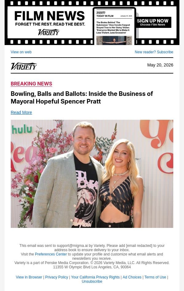 Bowling, Balls and Ballots: Inside the Business of Mayoral Hopeful Spencer Pratt email from Variety screenshot