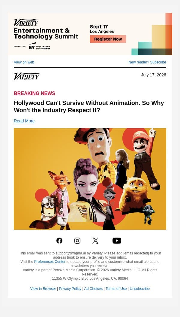 Hollywood Can't Survive Without Animation. So Why Won't the Industry Respect It? email from Variety screenshot
