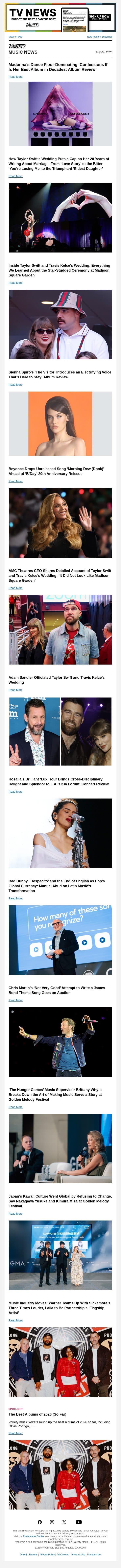 Madonna's 'Confessions II' and Sienna Spiro's 'The Visitor' Reviewed; Taylor and Travis Tie the Knot; Beyonce Drops Unreleased Track for the 4th email from Variety screenshot