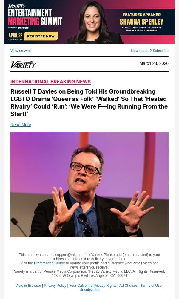 Russell T Davies on Being Told His Groundbreaking LGBTQ Drama ‘Queer as Folk’ ‘Walked’ So That ‘Heated Rivalry’ Could ‘Run’: ‘We Were F—ing Running From the Start!’ email from Variety screenshot