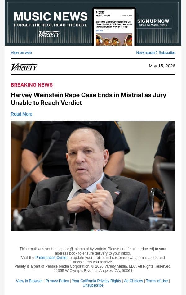 Harvey Weinstein Rape Case Ends in Mistrial as Jury Unable to Reach Verdict email from Variety screenshot