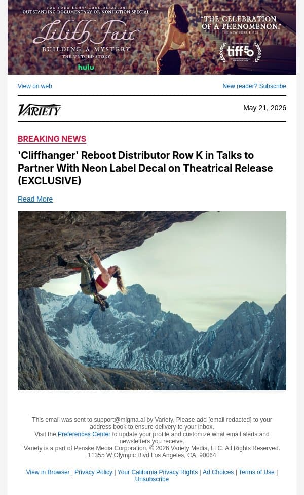'Cliffhanger' Reboot Distributor Row K in Talks to Partner With Neon Label Decal on Theatrical Release (EXCLUSIVE) email from Variety screenshot
