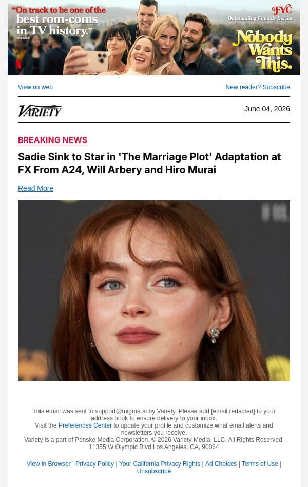 Sadie Sink to Star in 'The Marriage Plot' Adaptation at FX From A24, Will Arbery and Hiro Murai email from Variety screenshot