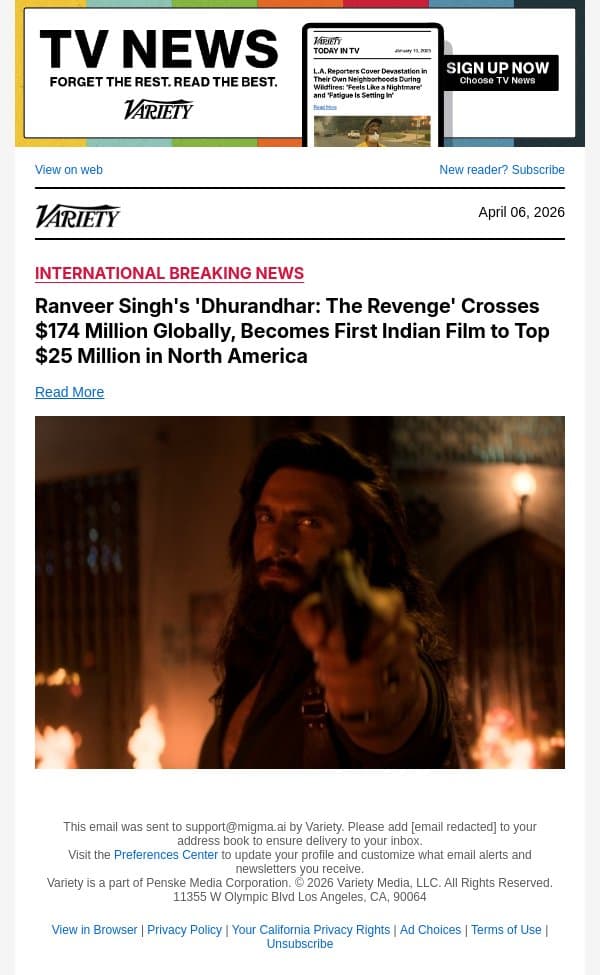Ranveer Singh's 'Dhurandhar: The Revenge' Crosses $174 Million Globally, Becomes First Indian Film to Top $25 Million in North America email from Variety screenshot