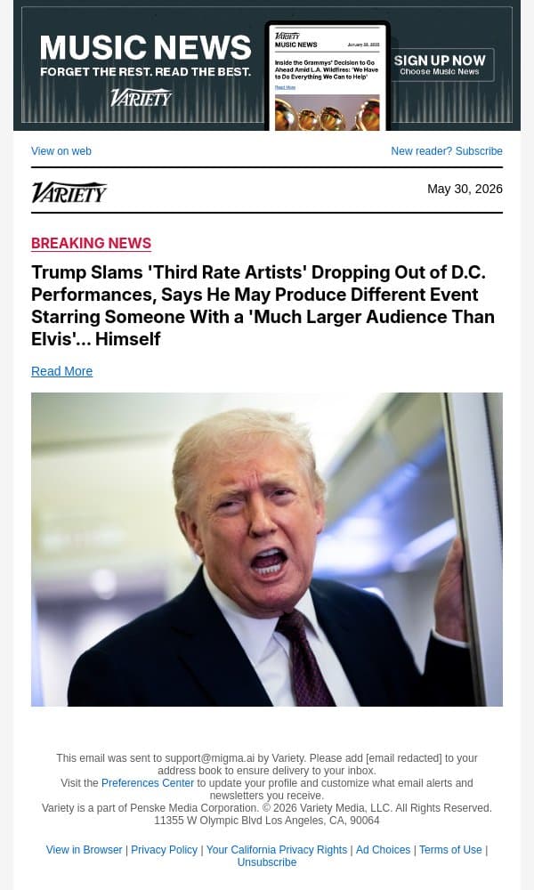 Trump Slams 'Third Rate Artists' Dropping Out of D.C. Performances, Says He May Produce Different Event Starring Someone With a 'Much Larger Audience Than Elvis'… Himself email from Variety screenshot