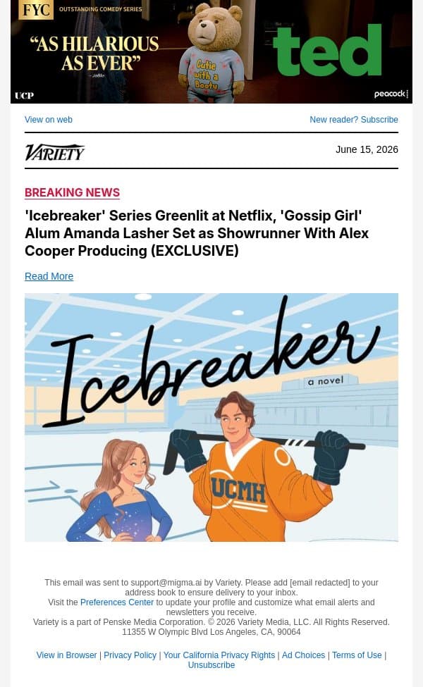 'Icebreaker' Series Greenlit at Netflix, 'Gossip Girl' Alum Amanda Lasher Set as Showrunner With Alex Cooper Producing (EXCLUSIVE) email from Variety screenshot