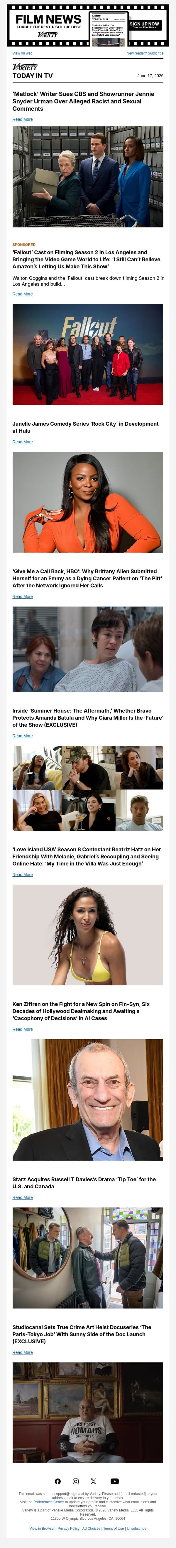 'Matlock' Writer Sues CBS; Janelle James Hulu Series in the Works; 'The Pitt' Actress Submits Herself for Emmys email from Variety screenshot