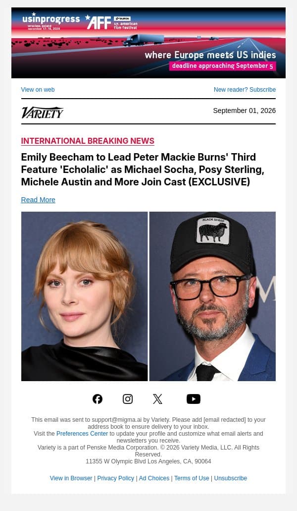 Emily Beecham to Lead Peter Mackie Burns' Third Feature 'Echolalic' as Michael Socha, Posy Sterling, Michele Austin and More Join Cast (EXCLUSIVE) email from Variety screenshot